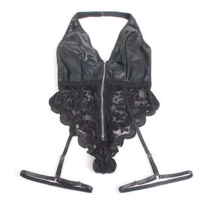 Faux Leather Halter Bodysuit with Lace Detail and Garter Strap