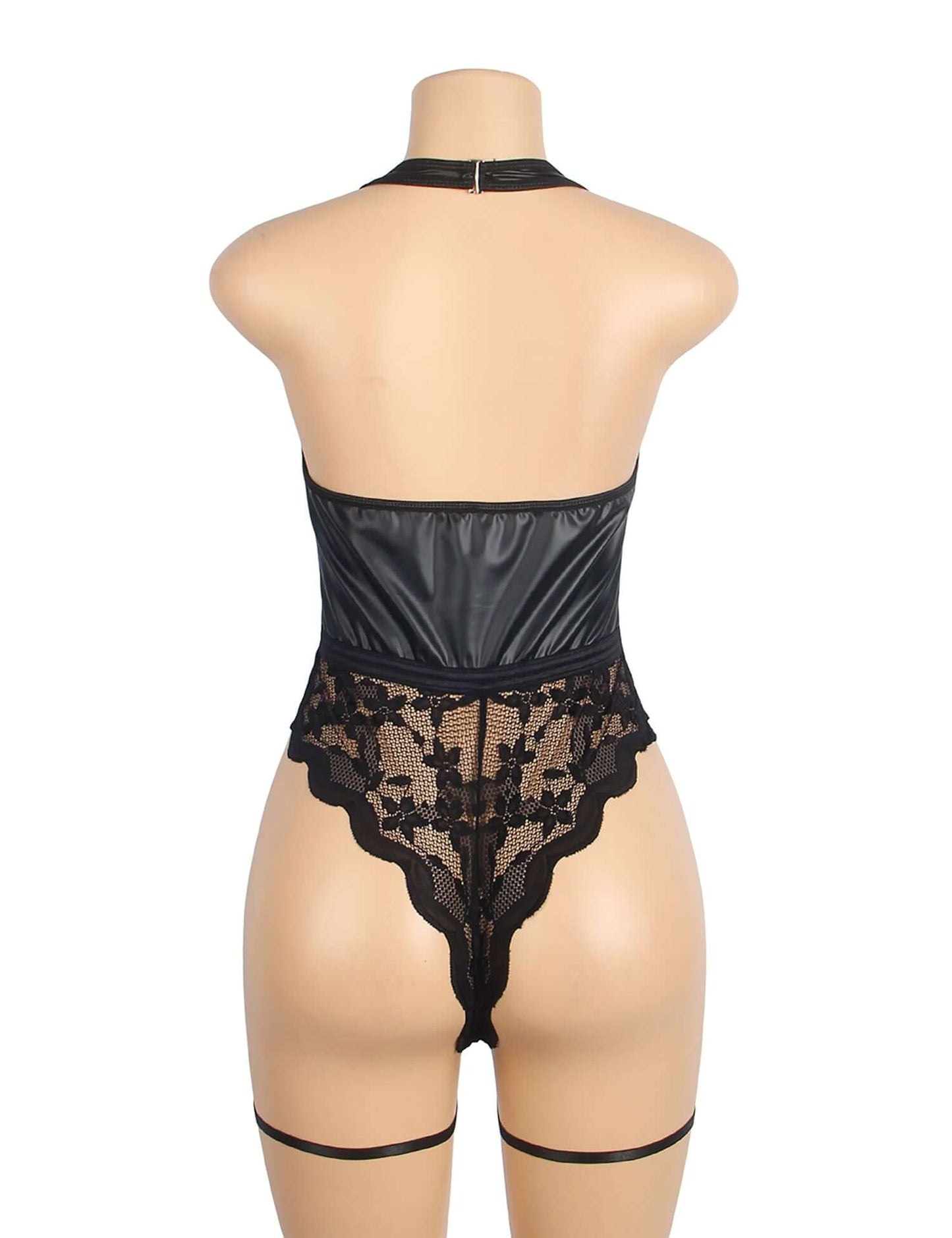 Faux Leather Halter Bodysuit with Lace Detail and Garter Strap