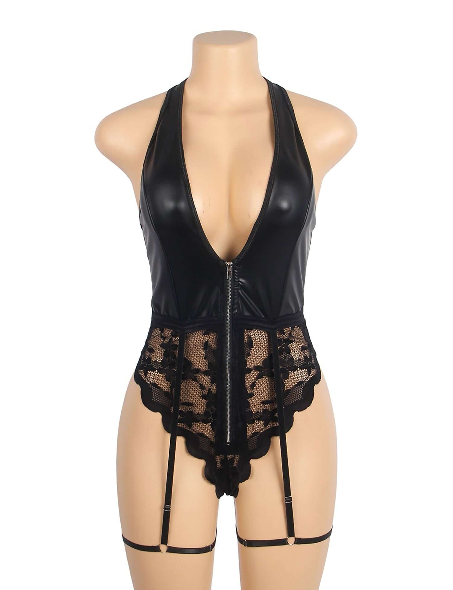 Faux Leather Halter Bodysuit with Lace Detail and Garter Strap