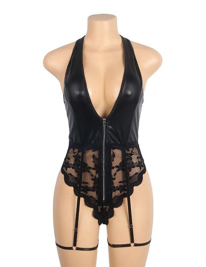 Faux Leather Halter Bodysuit with Lace Detail and Garter Strap