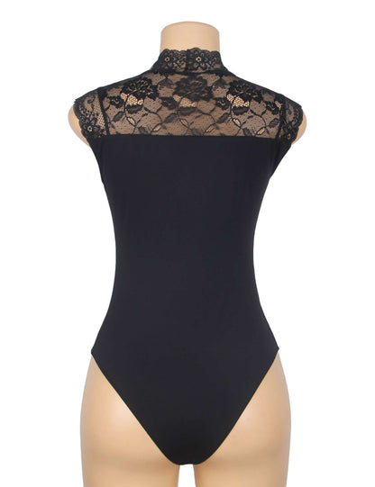 Black One-Piece Bodysuit with Lace Detail