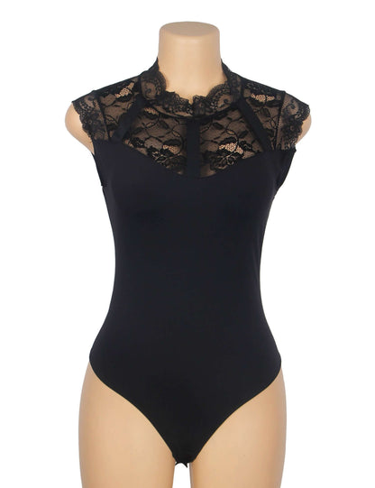 Black One-Piece Bodysuit with Lace Detail