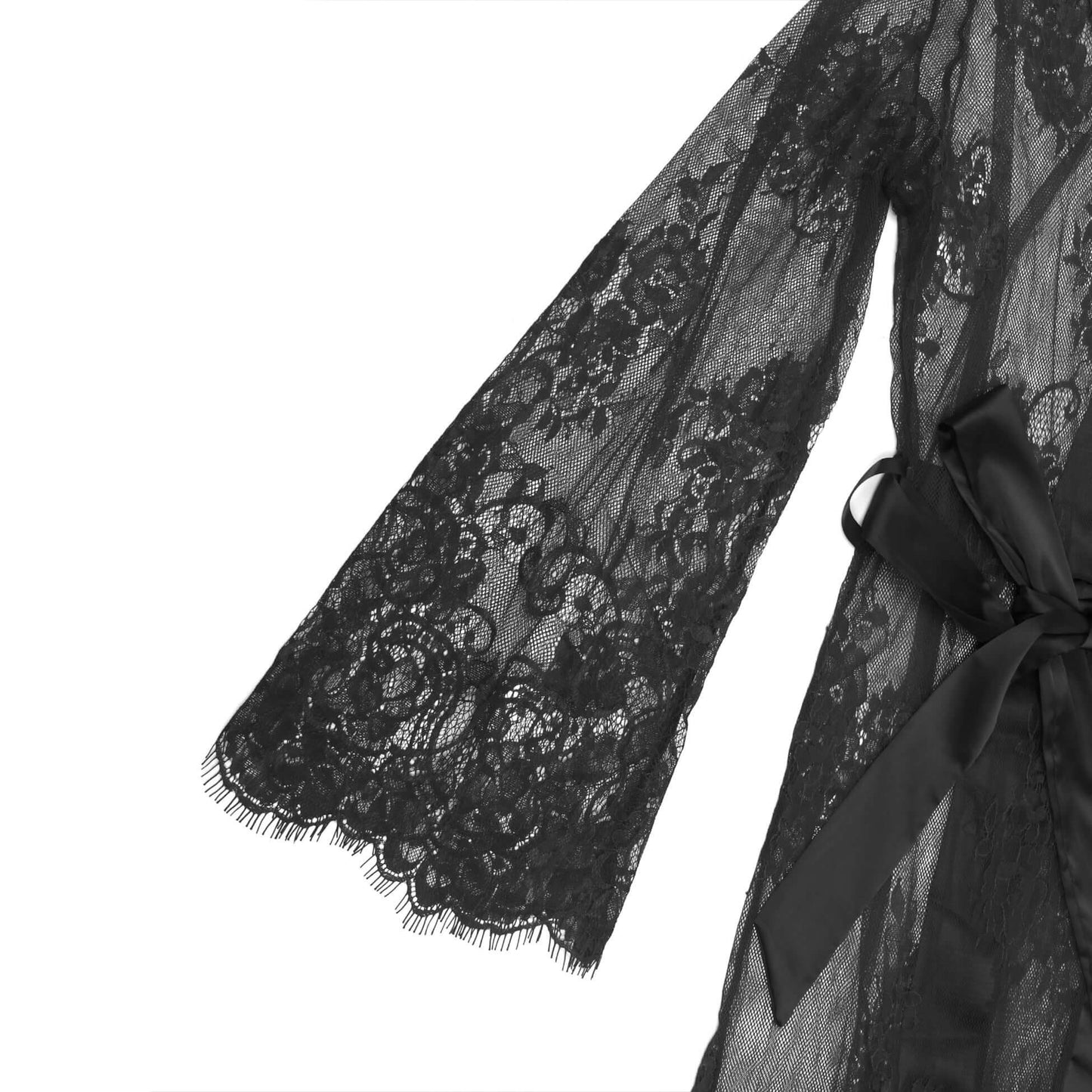 Black Lace Satin Mesh Long Nightgown with Belt
