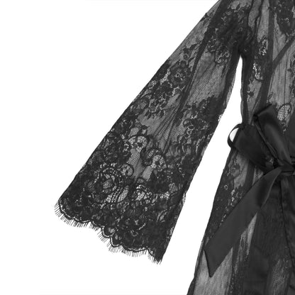 Black Lace Satin Mesh Long Nightgown with Belt