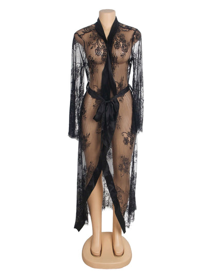 Black Lace Satin Mesh Long Nightgown with Belt