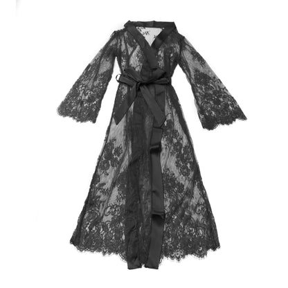 Black Lace Satin Mesh Long Nightgown with Belt
