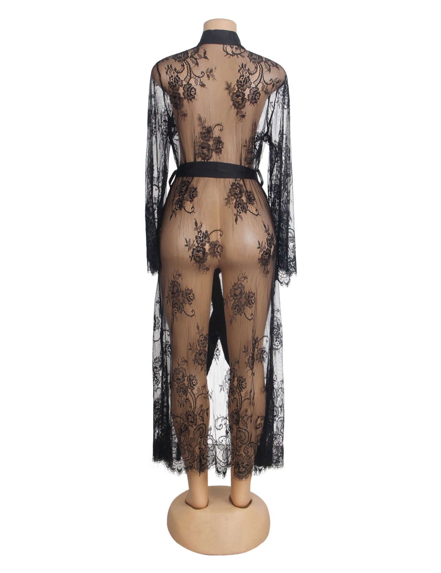 Black Lace Satin Mesh Long Nightgown with Belt