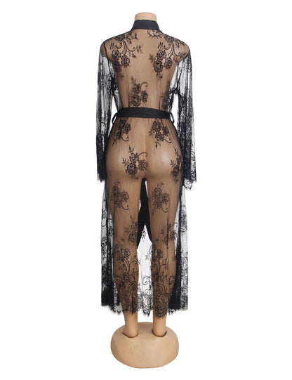 Black Lace Satin Mesh Long Nightgown with Belt