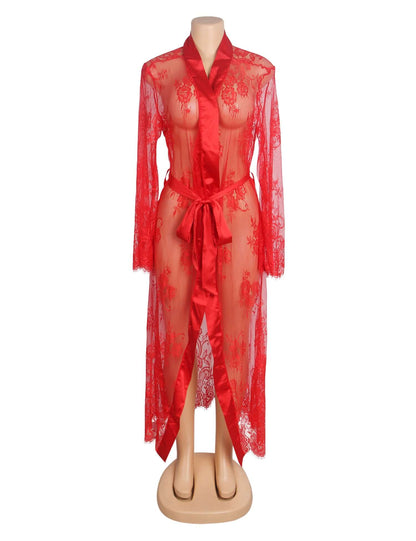 Red Lace Satin Mesh Long Nightgown with Belt