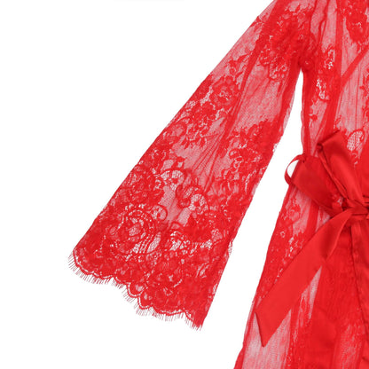 Red Lace Satin Mesh Long Nightgown with Belt