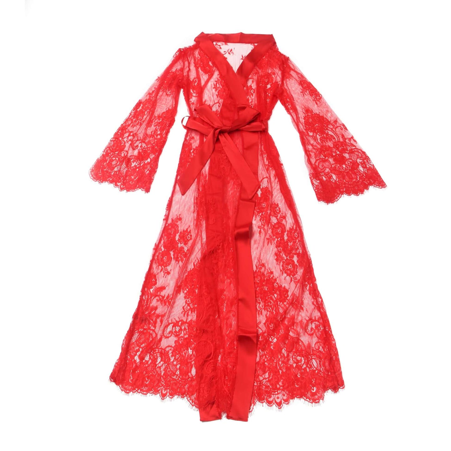 Red Lace Satin Mesh Long Nightgown with Belt