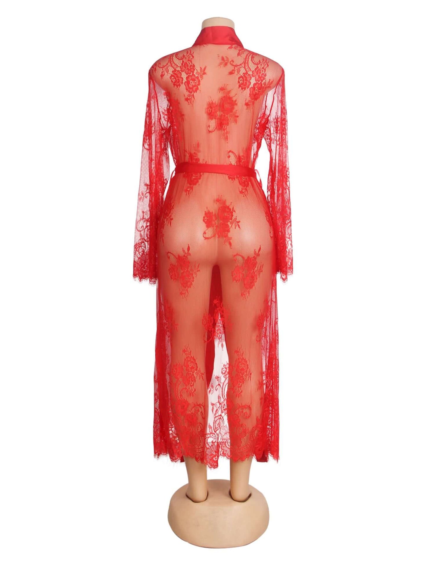 Red Lace Satin Mesh Long Nightgown with Belt