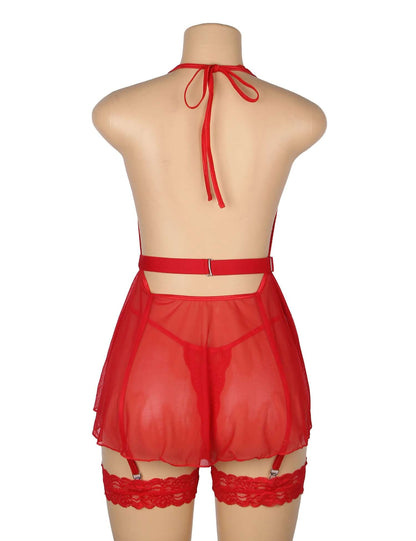 Red See Through Lace Mesh Halter Neck Backless Garter Lingerie Set
