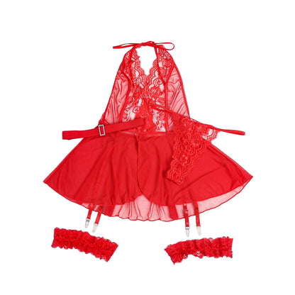 Red See Through Lace Mesh Halter Neck Backless Garter Lingerie Set