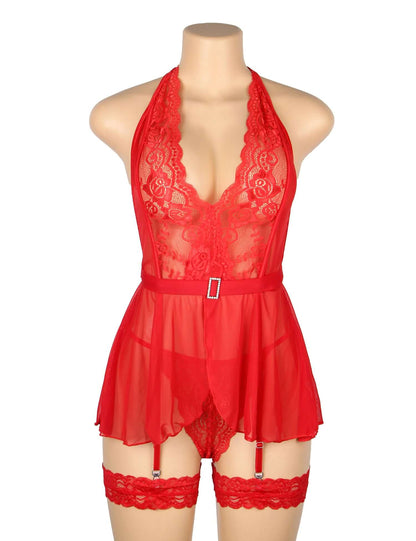 Red See Through Lace Mesh Halter Neck Backless Garter Lingerie Set