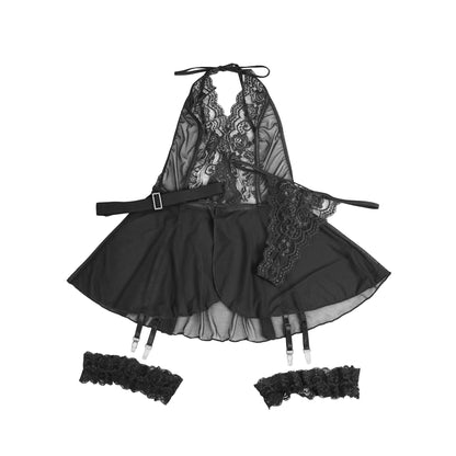 Black See Through Lace Mesh Halter Neck Backless Garter Lingerie Set