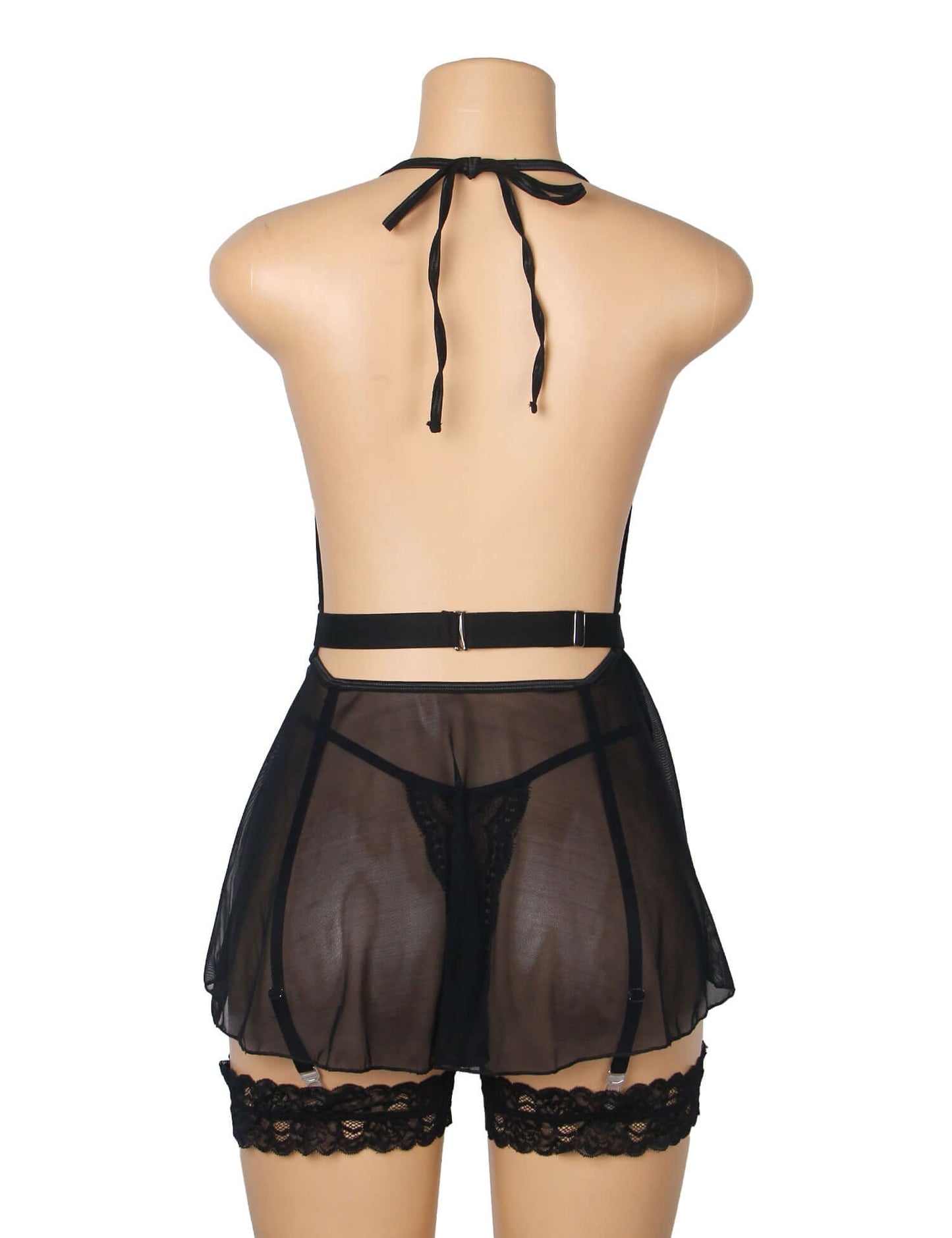 Black See Through Lace Mesh Halter Neck Backless Garter Lingerie Set
