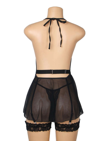 Black See Through Lace Mesh Halter Neck Backless Garter Lingerie Set
