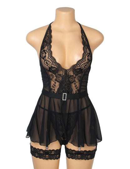 Black See Through Lace Mesh Halter Neck Backless Garter Lingerie Set