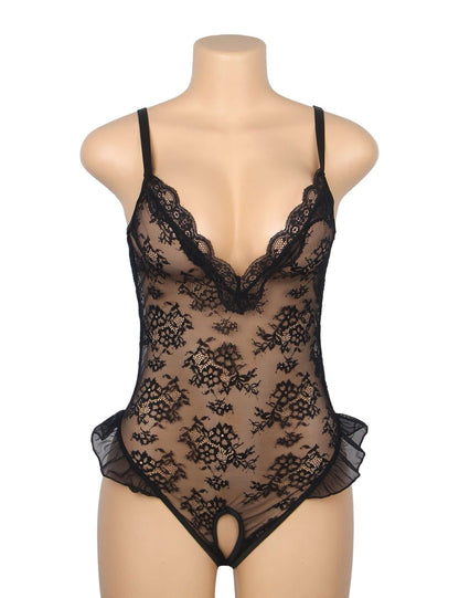 Plus Size Black Floral Lace Bodysuit for Women