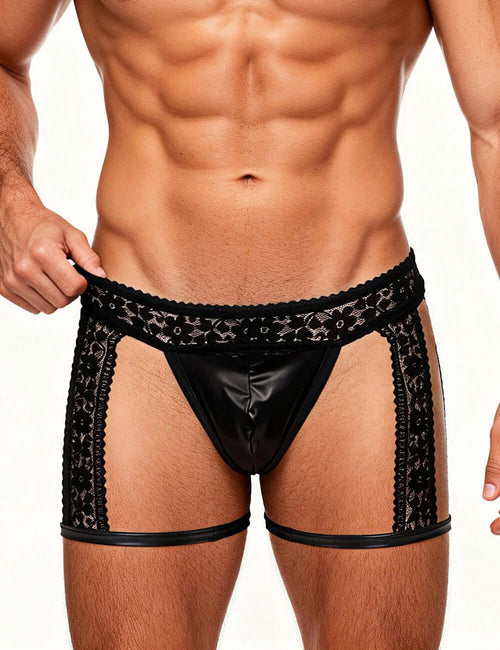 Men’s Black Lace Briefs with Adjustable Leg Strap Design