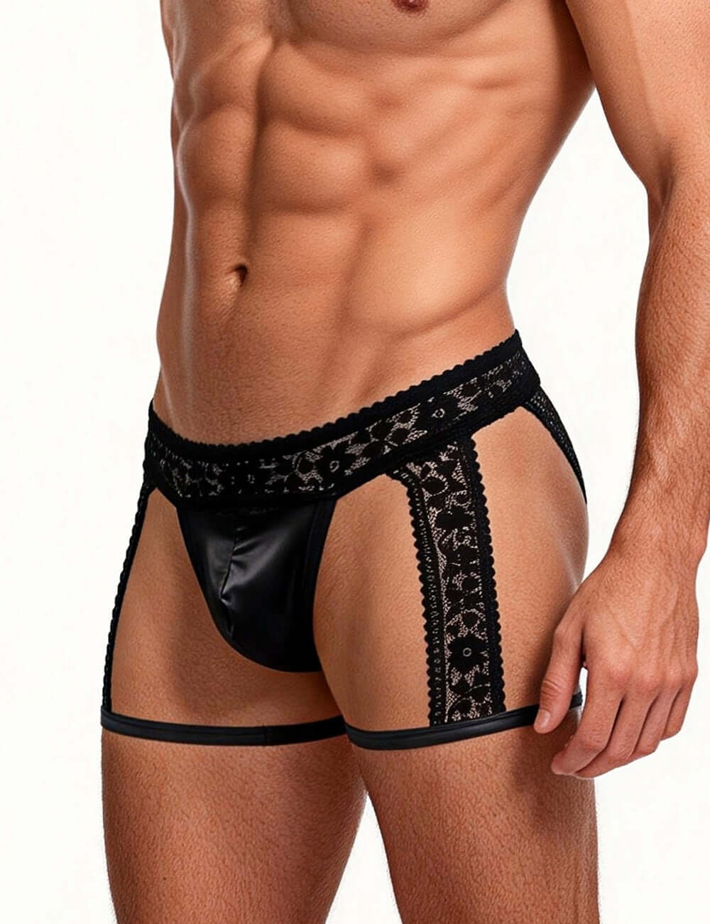 Men’s Black Lace Briefs with Adjustable Leg Strap Design