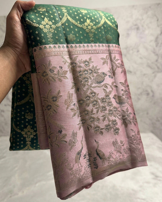 Green and Pink Kanchivaram Silk Saree with Gold Zari Border