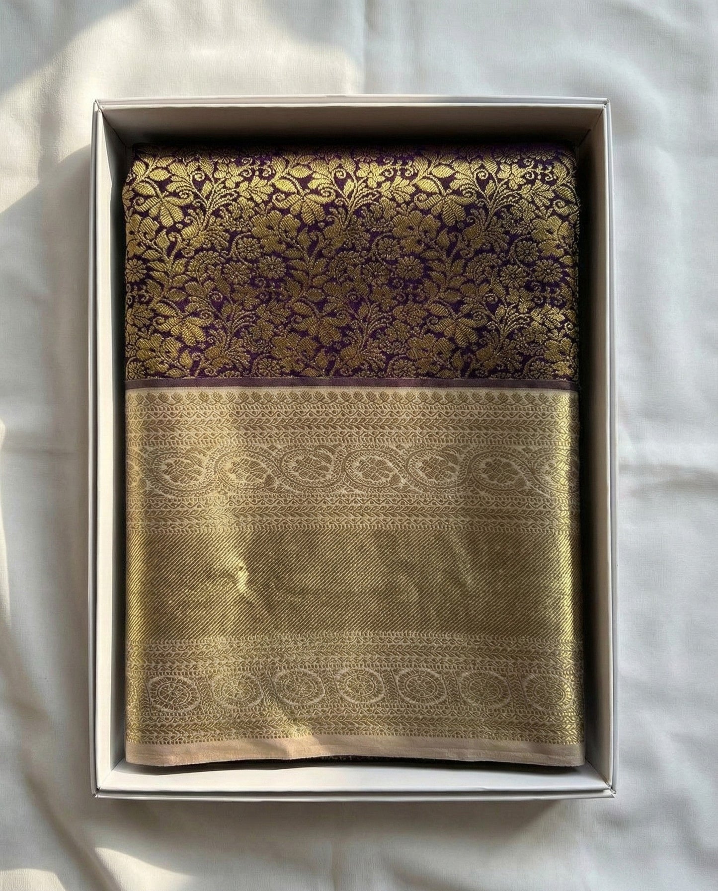 Antique Gold Banarasi Silk Saree with Floral Zari Border