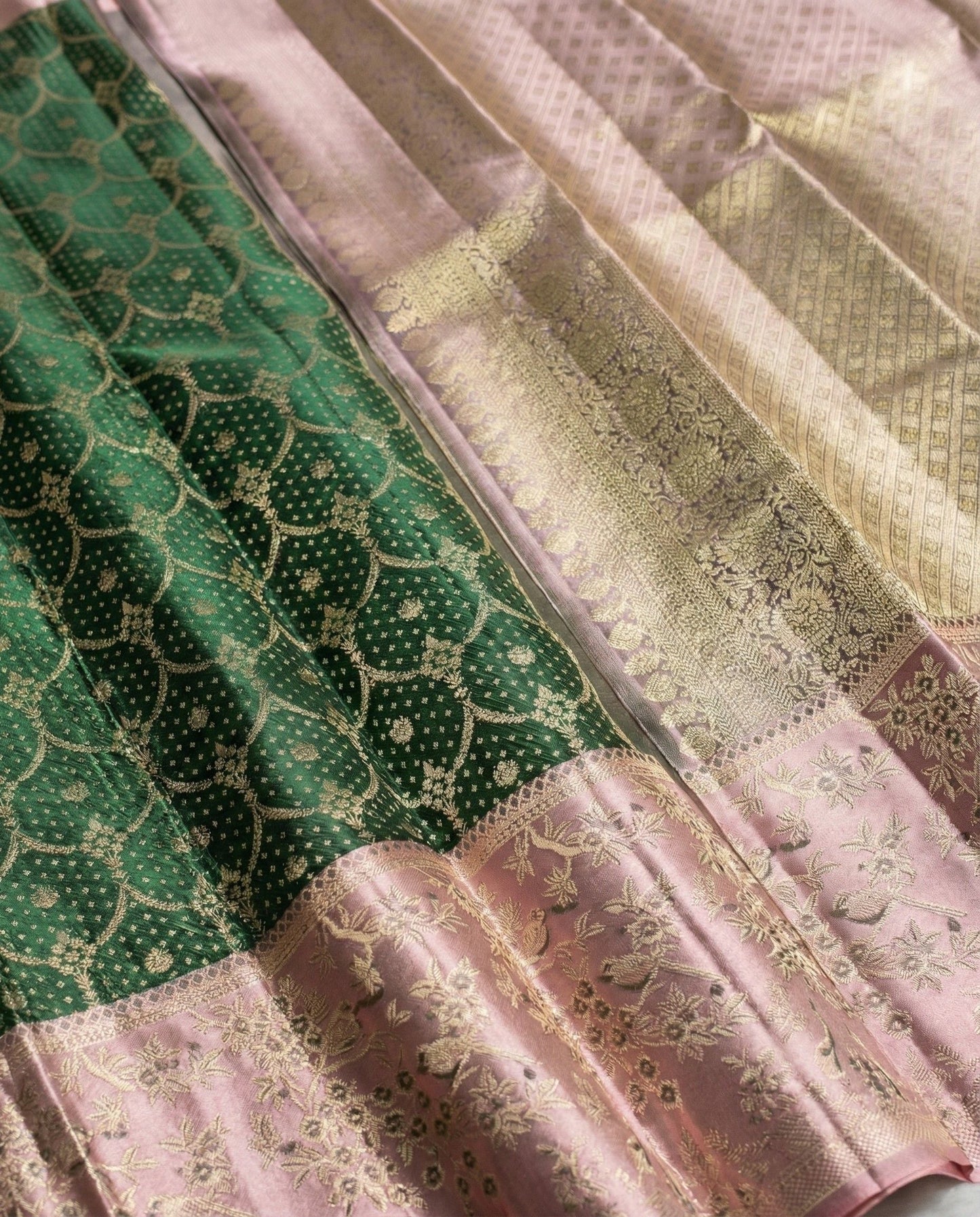 Green and Pink Kanchivaram Silk Saree with Gold Zari Border