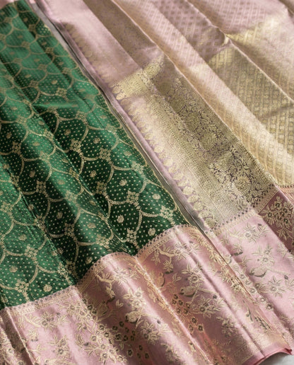 Green and Pink Kanchivaram Silk Saree with Gold Zari Border