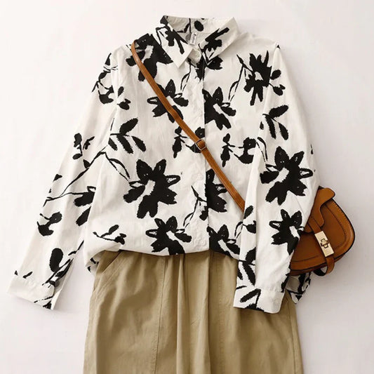 Women’s Black and White Floral Pure Cotton Shirt