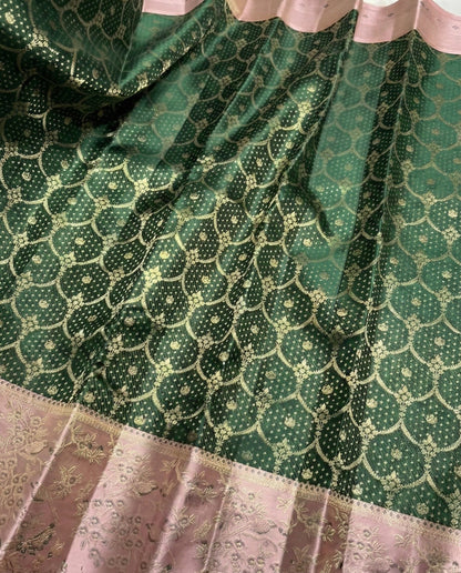 Green and Pink Kanchivaram Silk Saree with Gold Zari Border