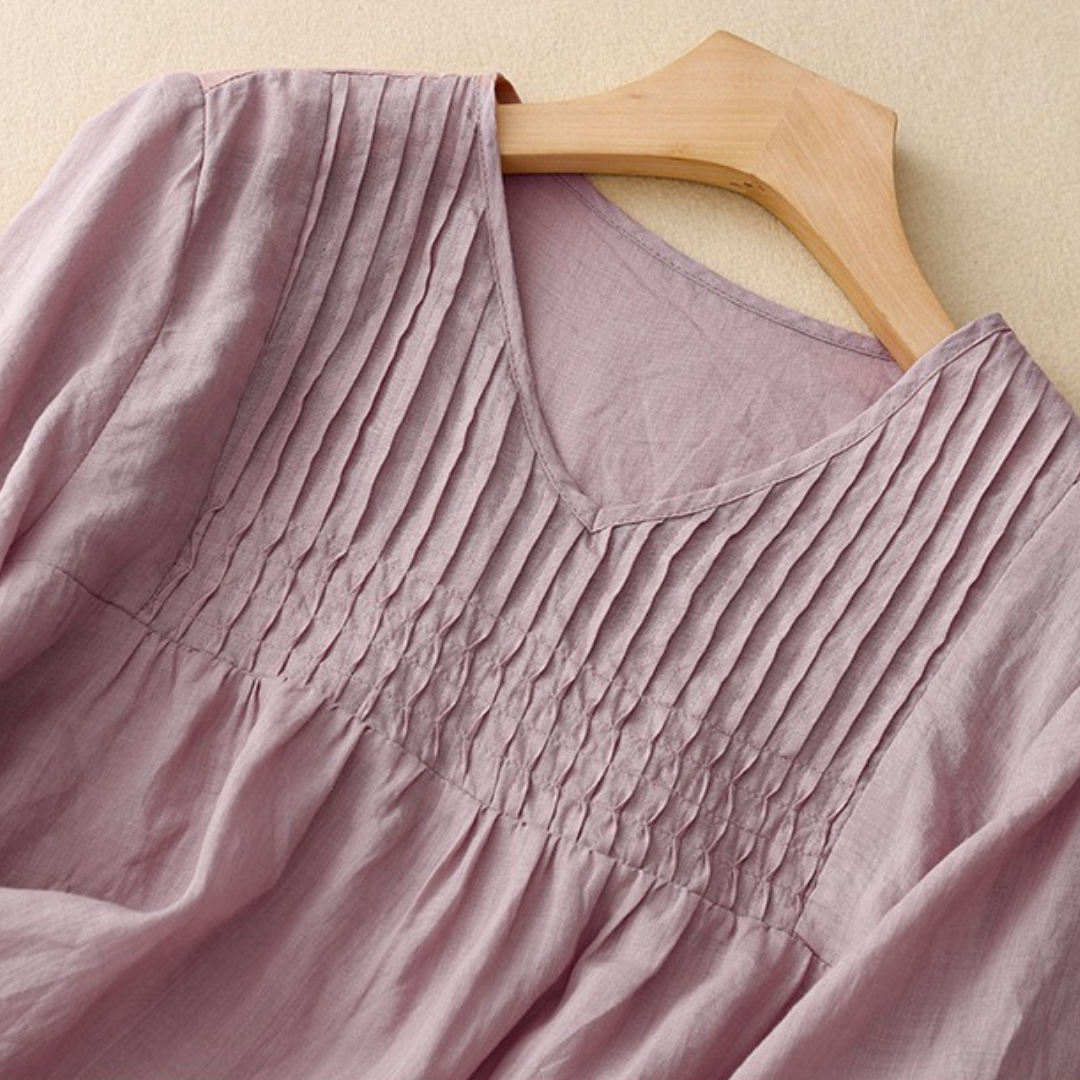 Women’s Linen Cotton Pleated Tunic with 3/4 Sleeves