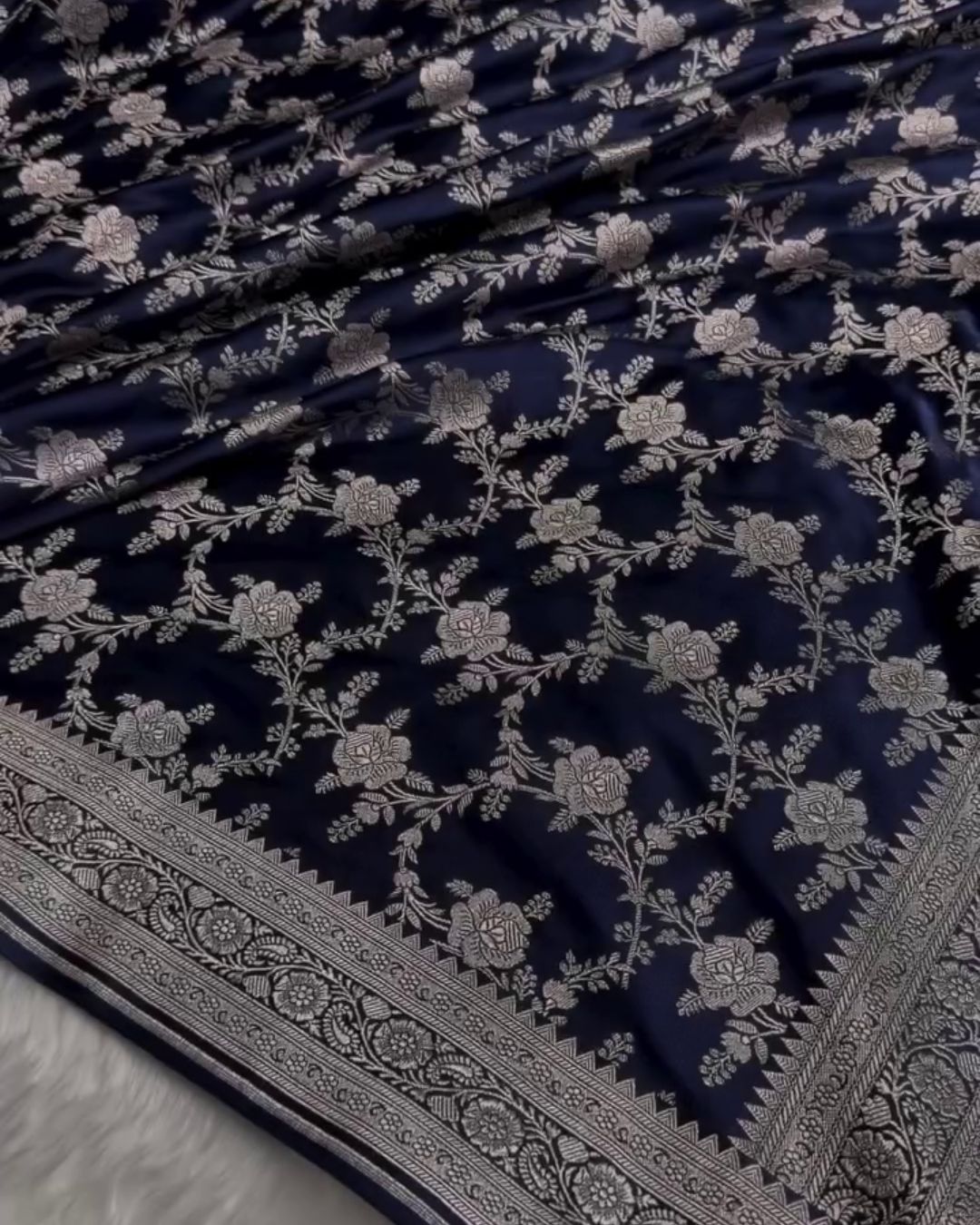 Navy Blue Katan Silk Saree with Silver Zari Jaal and Temple Border