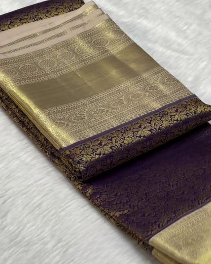 Antique Gold Banarasi Silk Saree with Floral Zari Border