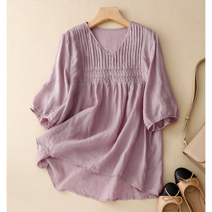 Women’s Linen Cotton Pleated Tunic with 3/4 Sleeves