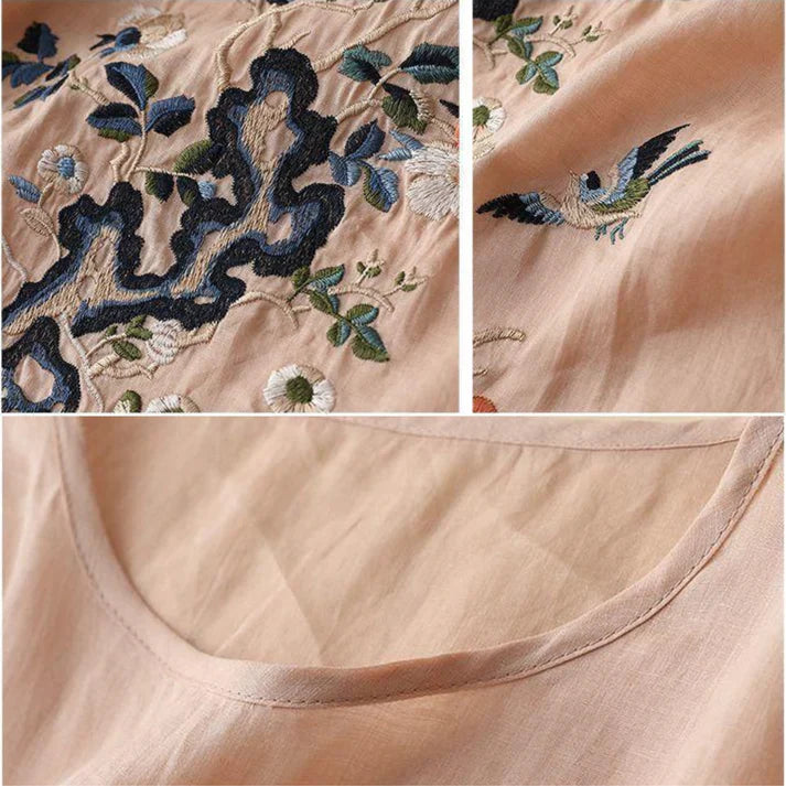 Women’s Boho Floral Embroidered Pure Cotton Tunic Top