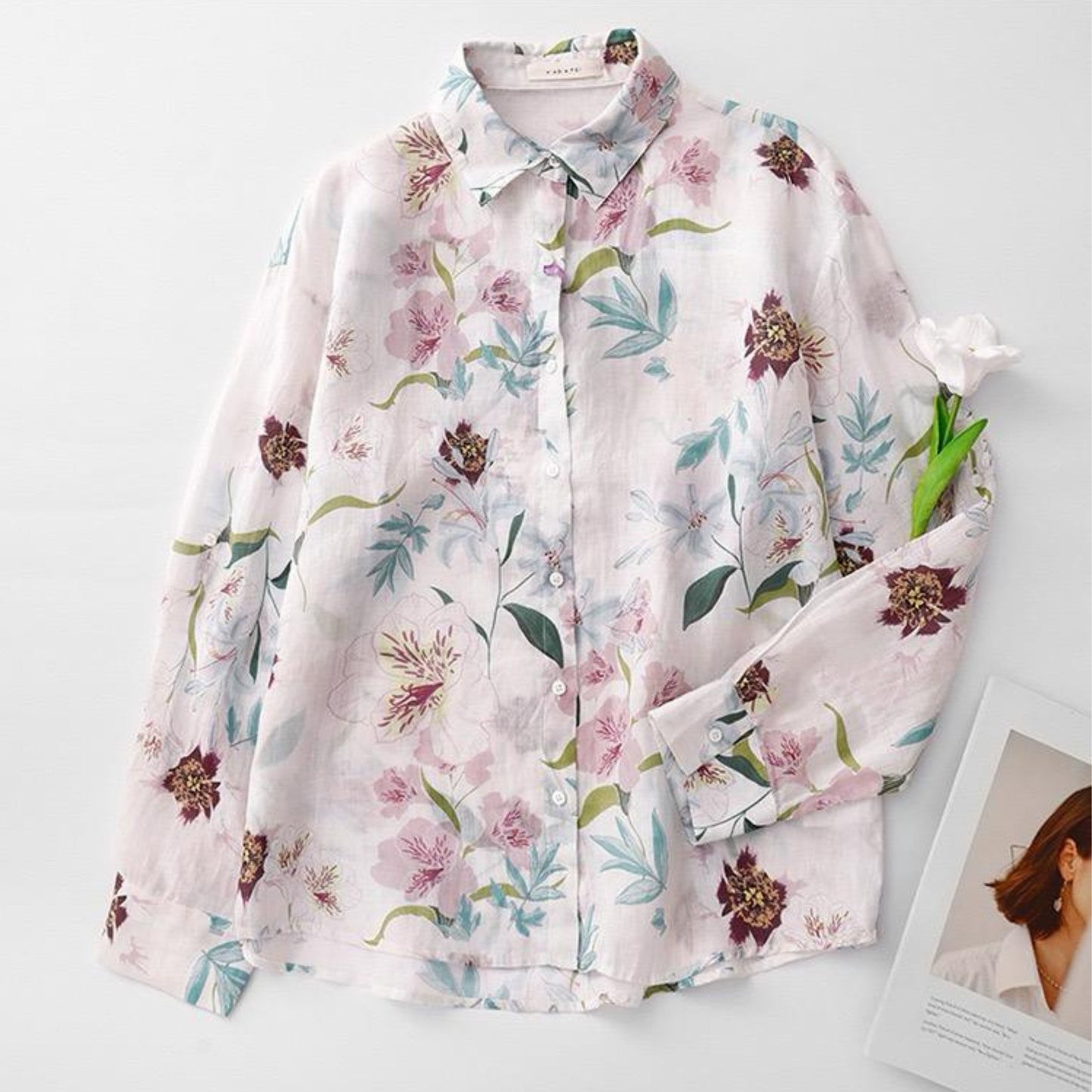 Women’s Full Sleeve Cotton Shirt with Digital Leaf Print