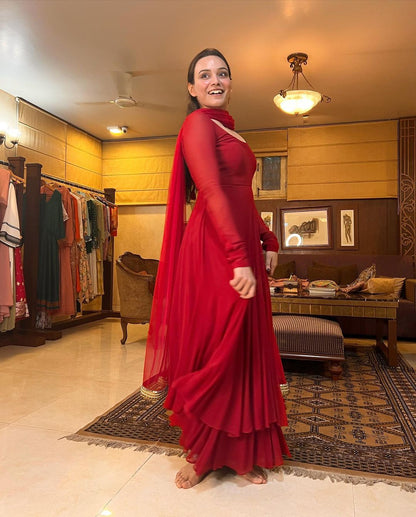 Red Designer Anarkali Suit Set with Double Layer Flare and Georgette Dupatta