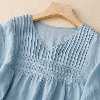 Women’s Linen Cotton Pleated Tunic with 3/4 Sleeves