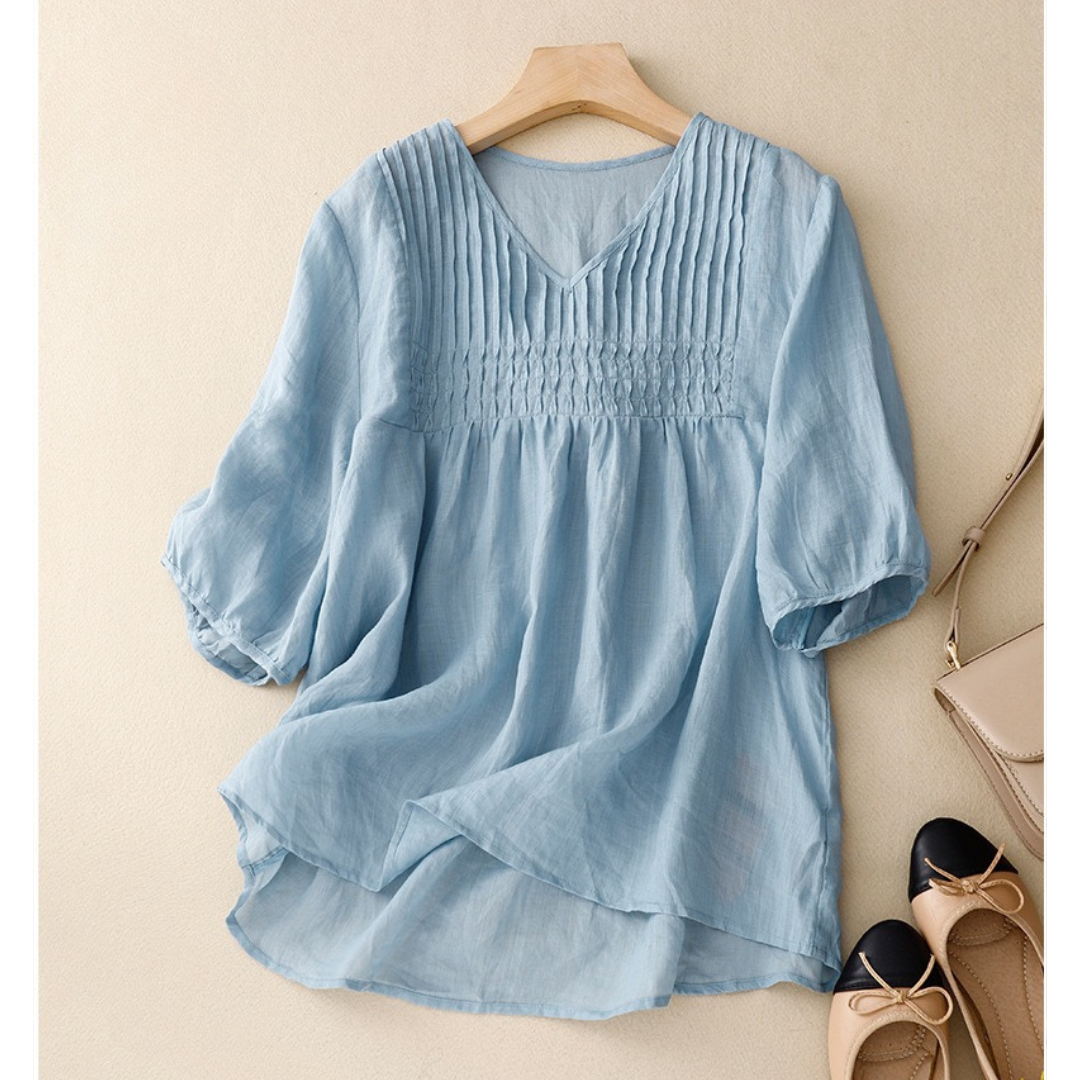 Women’s Linen Cotton Pleated Tunic with 3/4 Sleeves