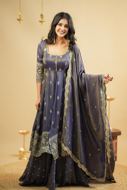 Grey Cosmo Silk Anarkali Suit Set with Skirt and Dupatta