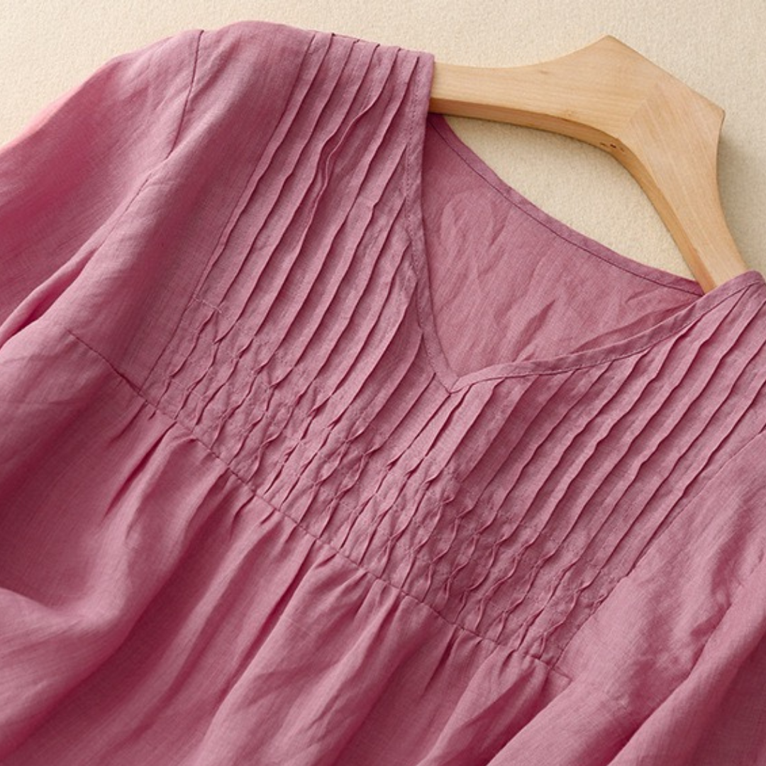 Women’s Linen Cotton Pleated Tunic with 3/4 Sleeves