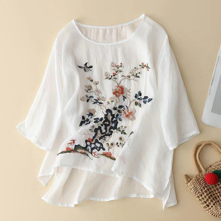 Women’s Boho Floral Embroidered Pure Cotton Tunic Top