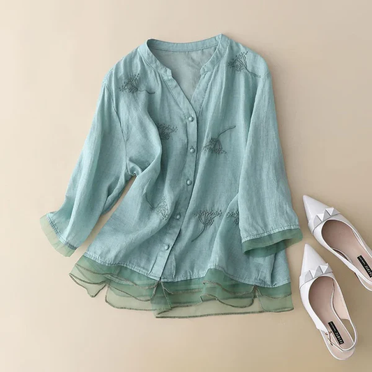 Women’s Embroidered Cotton Elegant Top with Organza Cuff Detail