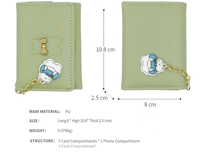Cute Small Tri-Fold Wallet for Girls & Women – PU Leather Floral Print Card Holder with Coin Purse & ID Window (Green)