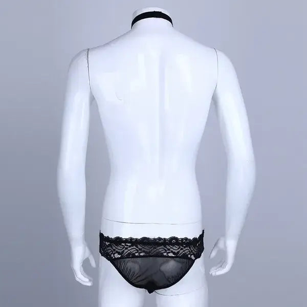 Men's Sheer Black Lace Brief with Choker Detail