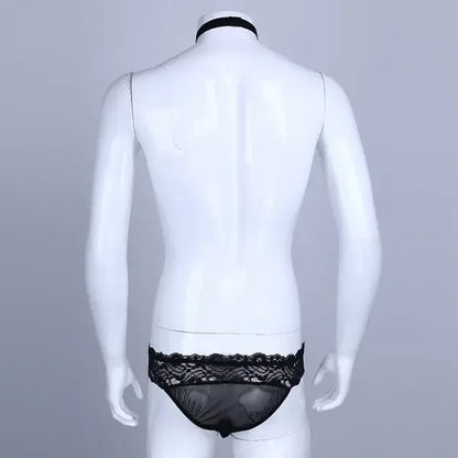 Men's Sheer Black Lace Brief with Choker Detail