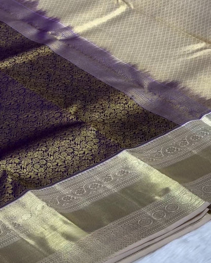 Antique Gold Banarasi Silk Saree with Floral Zari Border