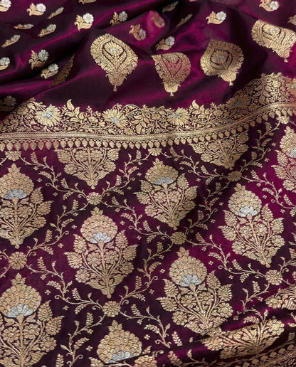 banarasi satin silk meena boota saree in rich maroon shades
